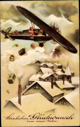 Ak Glückwunsch Neujahr, Flugzeug, Geschenke, Häuser