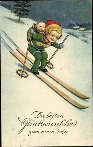 Ak Glückwunsch Neujahr, Kind auf Skiern, Schwein