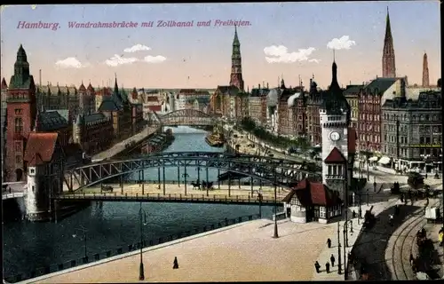 Ak Hamburg Mitte Altstadt, Wandrahmsbrücke, Zollkanal, Freihafen