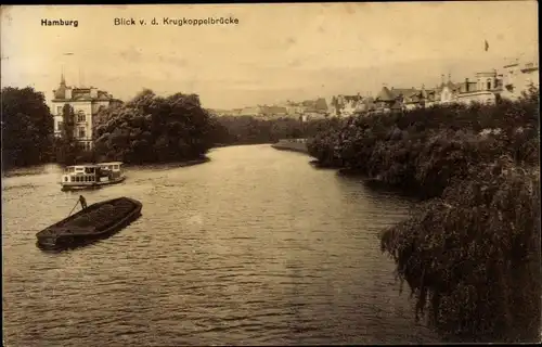 Ak Hamburg Nord Winterhude, Alsterblick von der Krugkoppelbrücke, Lastkahn, Dampfer