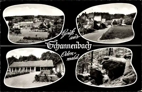 Ak Schannenbach Lautertal Odenwald, Panorama vom Ort, Gasthaus Zum Odenwald, Straßenpartie, Felsen