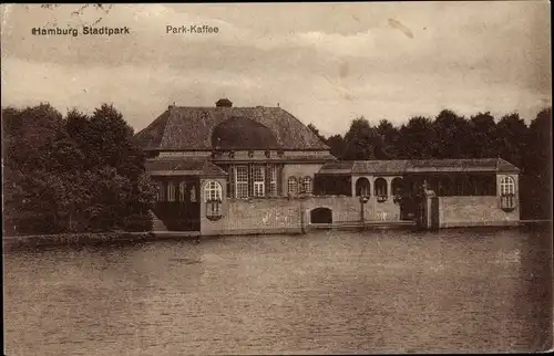 Ak Hamburg Nord Winterhude, Seeblick auf das Parkcafé im Stadtpark