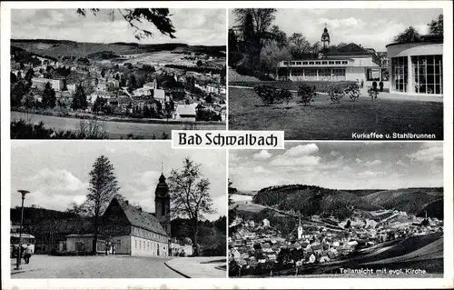 Ak Bad Schwalbach, Kurkaffee und Stahlbrunnen, Teilansicht, Evangel. Kirche