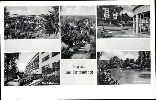 Ak Bad Schwalbach im Taunus, Panorama, Staatl. Kurhotel, Weinbrunnen, Weiher