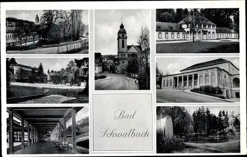 Ak Bad Schwalbach, Kurkaffee und Stahlbrunnen, Kirche, Panorama