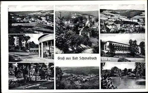 Ak Bad Schwalbach, Weiher, Staatl. Kurhotel, Panorama, Kurpark, Weinbrunnen