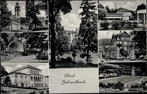 Ak Bad Schwalbach, Kurcafé, Schwimmbad, Kurhaus, Musikpavillon, Kirche