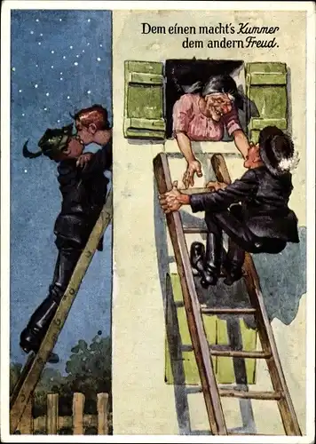 Ak Dem einen macht's Kummer, dem andern Freud, zwei Männer auf Leitern, alte Frau am Fenster