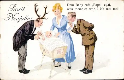 Ak Glückwunsch Neujahr, Gehörnter Ehemann, Kind in der Wiege