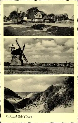 Ak Nebel auf der Insel Amrum Nordfriesland, Strand, Dünen, Windmühle