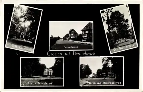 Ak Bennebroek Nordholland Niederlande, N. H. Kerk, Gr. Sparrenlaan, Viersprong Rijkstraatweg