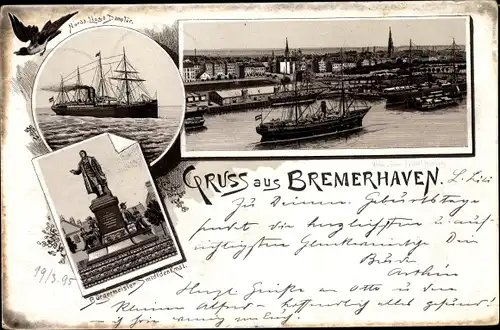 Vorläufer Litho Bremerhaven, Hafen, Dampfer Norddeutscher Lloyd, Bürgermeister Smidt Denkmal