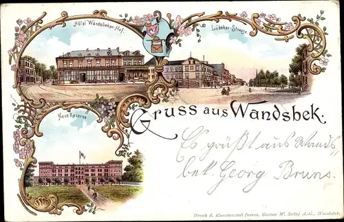 Litho Hamburg Wandsbek, Hotel Wandsbeker Hof, Lübecker Straße, Neue Kaserne