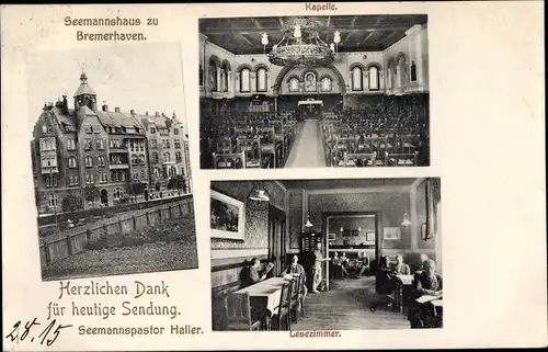 Ak Bremerhaven, Seemannshaus, Kapelle, Lesezimmer, Seemannspastor Haller