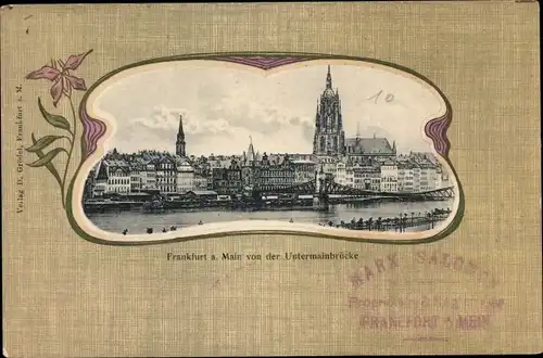 Jugendstil Passepartout Ak Frankfurt am Main, Blick von der Untermainbrücke auf die Stadt