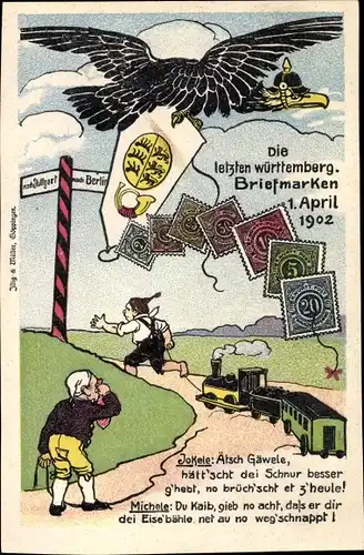 Briefmarken Ak Die letzten württembergischen Briefmarken, 1 April 1902, Deutscher Adler, Dt. Michel
