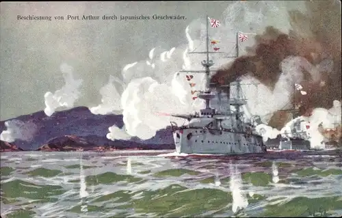 Künstler Ak Japan, Japanisches Kriegsschiff Geschwader bombadiert Port Arthur