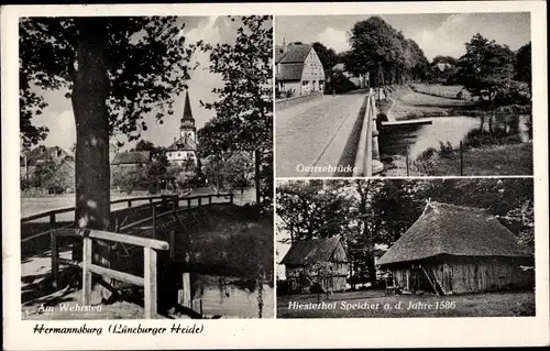 Ak Hermannsburg Südheide in der Lüneburger Heide, Am Wehrsteig, Oertzebrücke, Hiesterhof Speicher