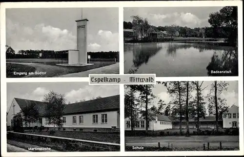 Ak Mittwald Espelkamp in Ostwestfalen Lippe, Südtor, Badeanstalt, Schule, Martinskirche