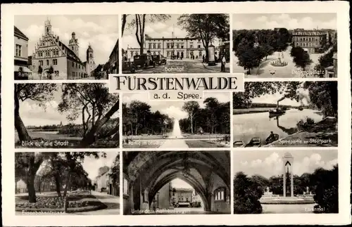 Ak Fürstenwalde an der Spree, Bahnhof, Denkmalsplatz, Stadtpark, Rathaus, Ehrenmal