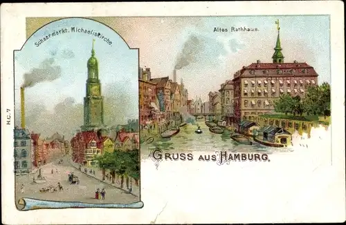 Litho Hamburg Mitte Altstadt, Altes Rathaus, Schaarmarkt, Michaeliskirche