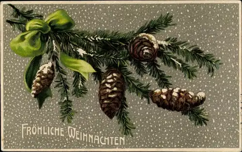 Präge Ak Frohe Weihnachten, Tannenzweig, Zapfen, Schleife, Schneefall