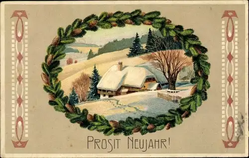 Präge Ak Glückwunsch Neujahr, Winterlandschaft, Haus im Schnee, Krank aus Tannenzweigen