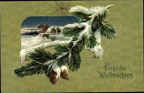 Präge Ak Frohe Weihnachten, Winterlandschaft, Tannenzweig