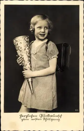 Ak Glückwunsch Einschulung, Mädchen mit Zuckertüte, Schulranzen