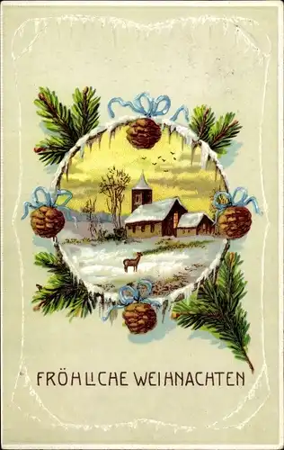Präge Ak Frohe Weihnachten, verschneite Kirche, Reh, Tannenzweig, Zapfen