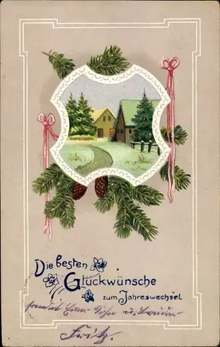 Präge Ak Glückwunsch Neujahr, verschneite Häuser, Tannenzweig, Schleife, Zapfen