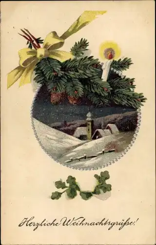 Präge Ak Frohe Weihnachten, Winterlandschaft, Kirche, Tannenzweig, Kerze