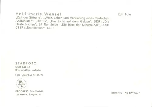 Ak Schauspielerin Heidemarie Wenzel, Portrait, Zeit der Störche, Ikarus