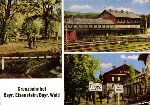 Ak Bayerisch Eisenstein in Niederbayern, Grenzbahnhof, Gebäude, Schrankenbäume