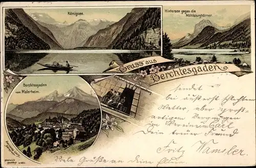 Litho Berchtesgaden in Oberbayern, Panorama, Hintersee, Mühlsturzhörner, Königsee