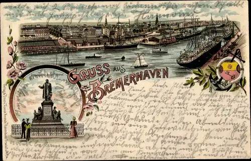 Litho Bremerhaven, Hafenbild, Denkmal, Wappen