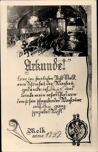 Ak Melk an der Donau Niederösterreich, Urkunde, Gasthaus, Innenansicht