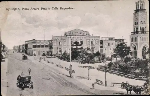 Ak Iquique Chile, Plaza Arturo Prat y Calle Baquedano