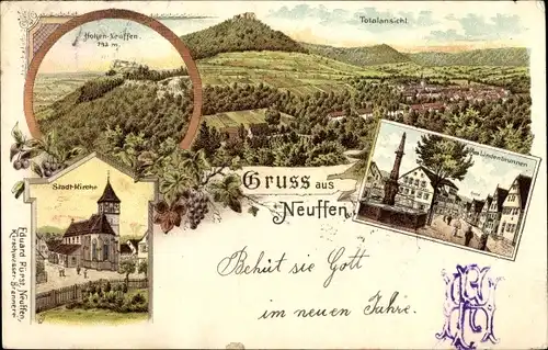 Litho Neuffen in Württemberg, Burg Hohenneuffen, Stadtkirche, Lindenbrunnen