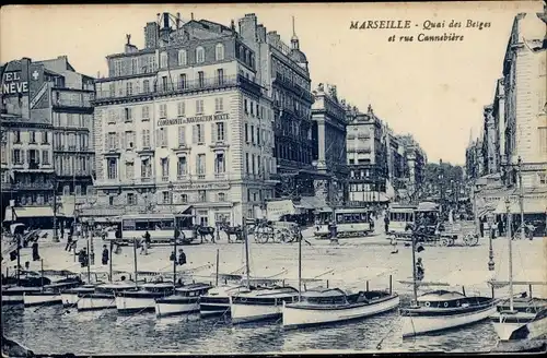 Ak Marseille Bouches du Rhône, Rue Cannebiere, Quai des Belges, Compagnie de Navigation Mixte