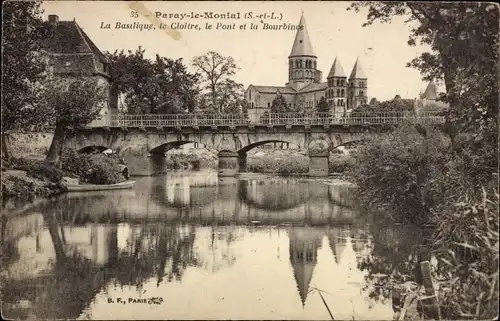 Ak Paray le Monial Saône et Loire, Basilique, Cloitre, Pont, la Bourbinde