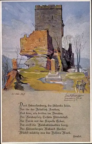 Künstler Ak Deut. Dichter Josef Viktor von Scheffel, Bergfried d. Trifels, Reichskleinodienkapelle
