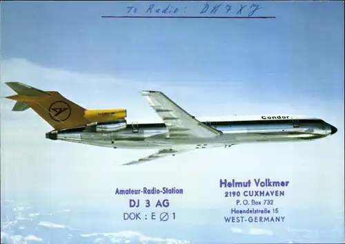 Ak QSL Funkerkarte DJ3AG, Helmut Volkmer, Deutsches Passagierflugzeug, Condor, Boeing 727 200