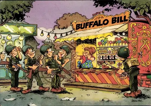 Künstler Ak Jean Pol, Soldaten auf dem Jahrmarkt, Schießbude, Buffalo Bill, Bundeswehr