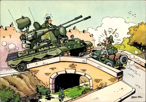 Künstler Ak Jean Pol, Bundeswehr, Panzer und Auto auf einer Brücke