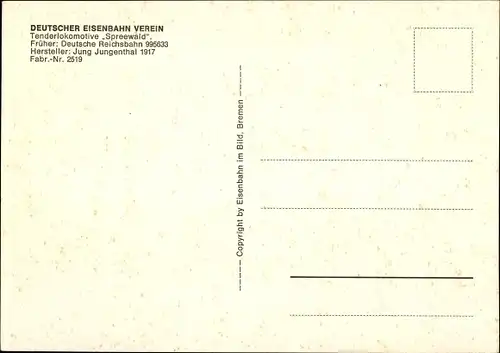 Ak Deutscher Eisenbahn Verein, Tenderlokomotive Spreewald, DR 995633, Dampflok