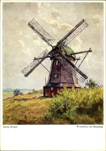 Künstler Ak Krüger, Georg, Windmühle am Berghang, Feld