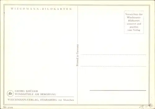 Künstler Ak Krüger, Georg, Windmühle am Berghang, Feld