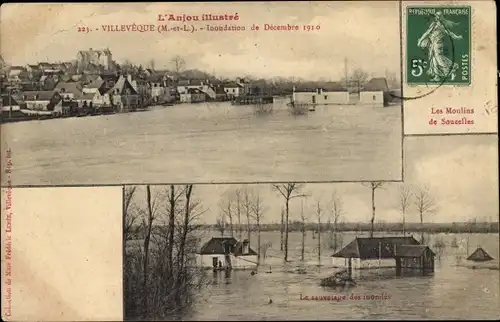 Ak Villevêque Maine et Loire, Inondation de Decembre 1910, Les Moulins de Soucelles