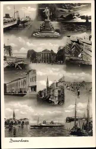 Ak Bremerhaven, Denkmal, Hafenpartie, Strand, Dampfer